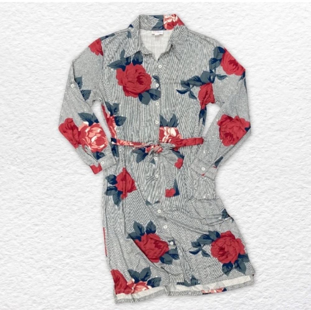 LuLaRoe Ellie shirt dress. Light gray with floral design. Size Medium.